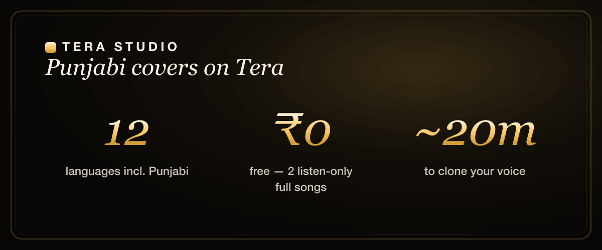 Punjabi AI cover song stats: 12 languages, 30-second voice clone, 2 listen-only full songs on Tera Studio